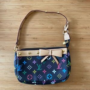 Black monogram Pochette style bag with bow & studs